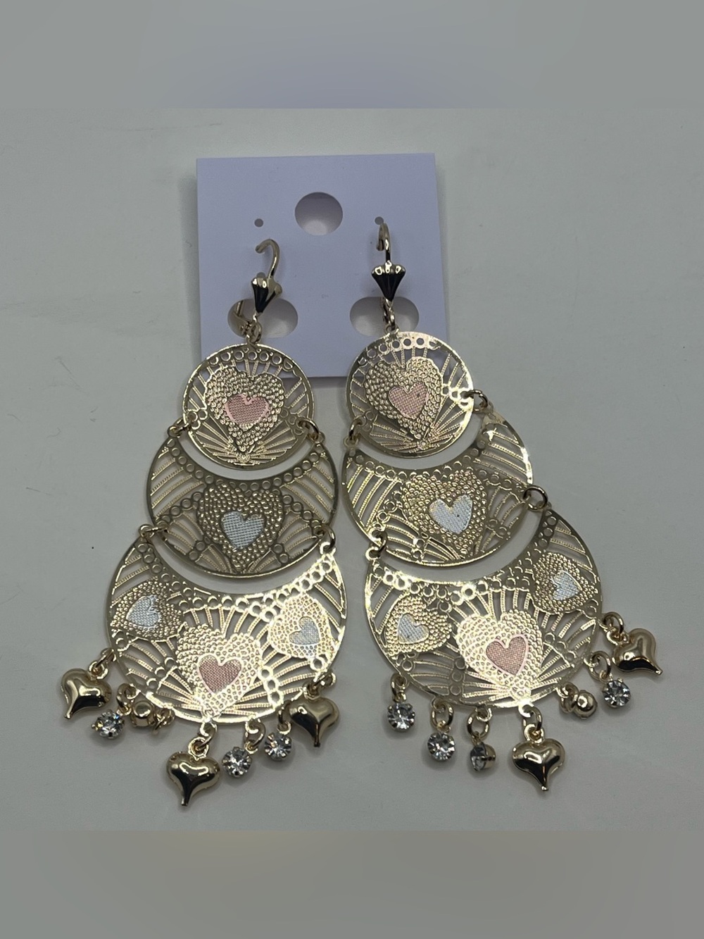 Gold filled Heart Filigree Dangle Earrings with Pink & White Accents
